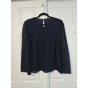 Banana Republic Navy Blue Eyelet Lace Long Sleeve Scalloped Blouse Top Medium